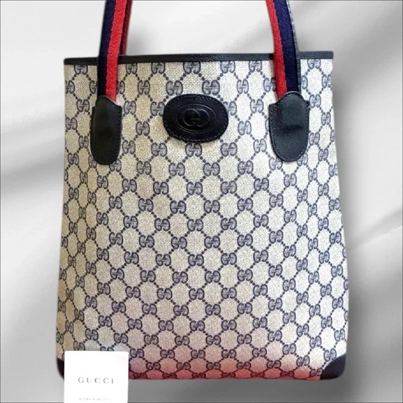 Gucci Vintage Supreme GG Monogram Coated Canvas Tote Bag – Red & Blue Web Straps - Picture 7 of 12